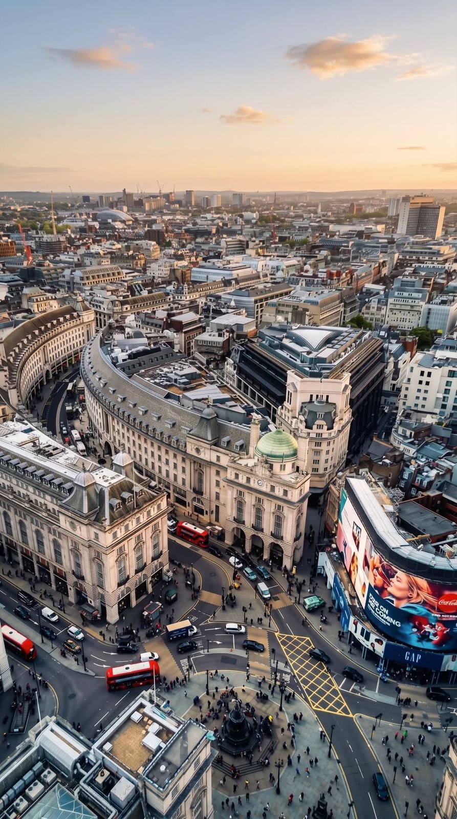 Aerial view of Piccadilly Circus and the curve of Regent Street at sunset