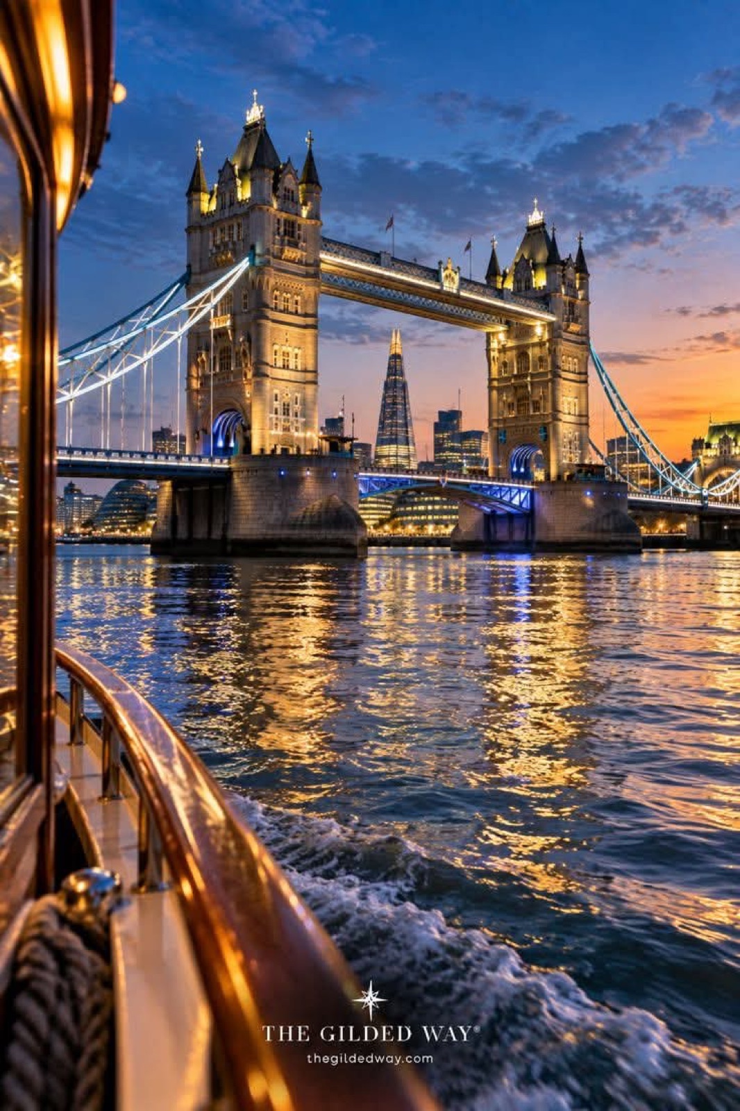 Tower Bridge and the Shard at dusk, seen from a boat on the Thames